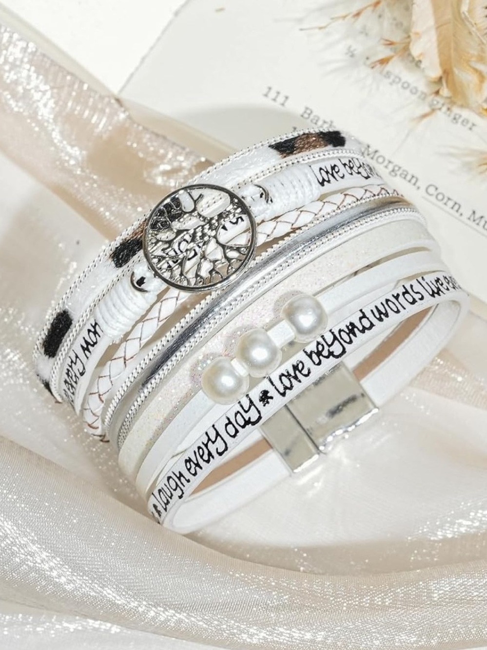 Anthropologie Multi-Strand White and Silver Tree of Life Wrap Bracelet